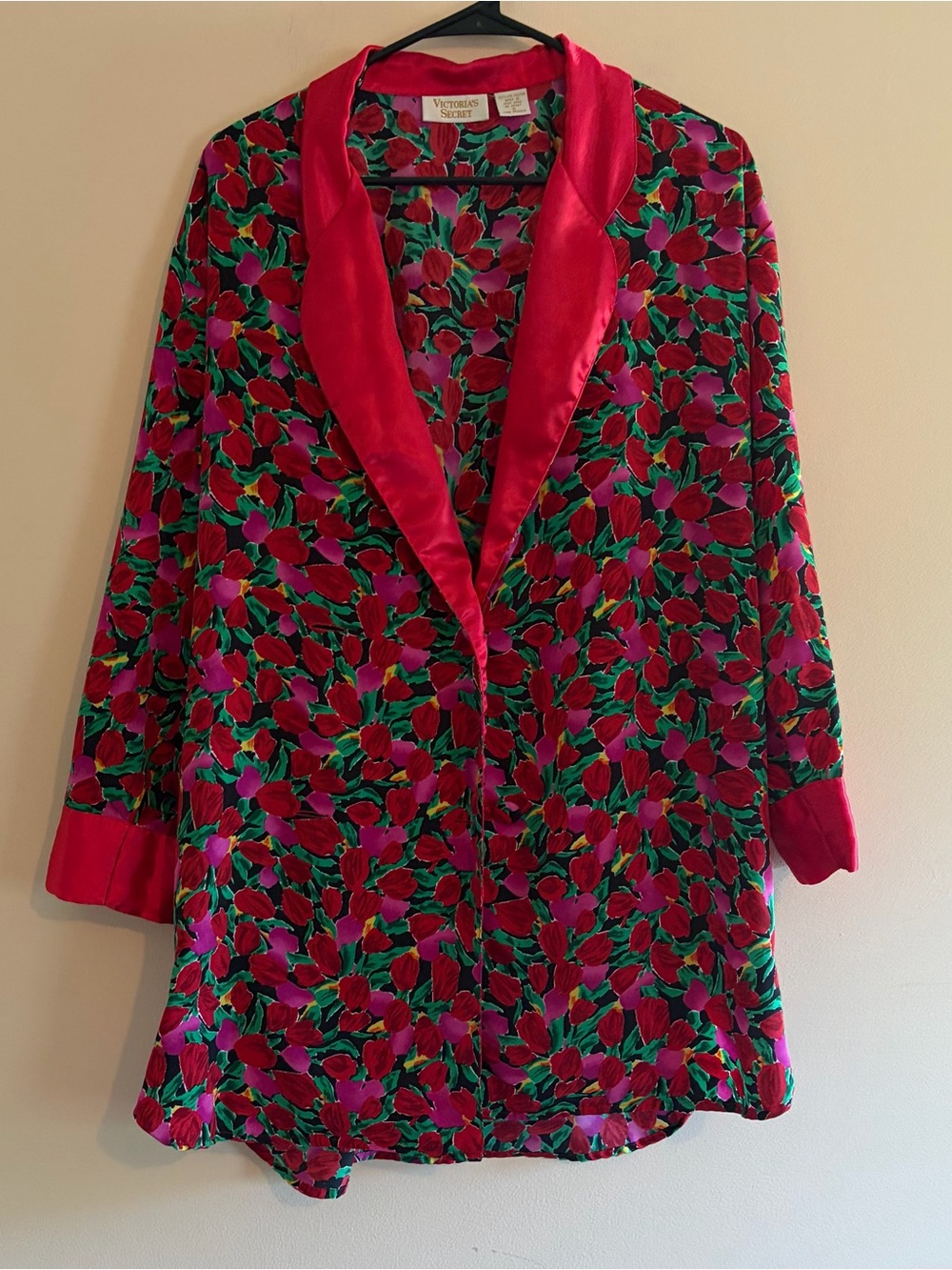 Victoria's Secret Red Floral Satin-Trim Sleep Shirt blazer gold label